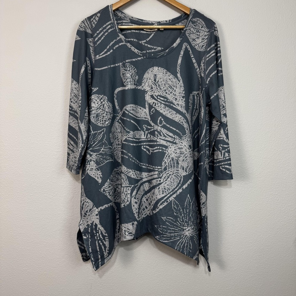 Soft Surroundings‎ Shirt Women's Large Blue Floral Tunic 3/4 Sleeve Sharkbite